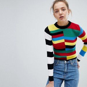 Skinny Knit Sweater In Color Block Rainbow Stripe
